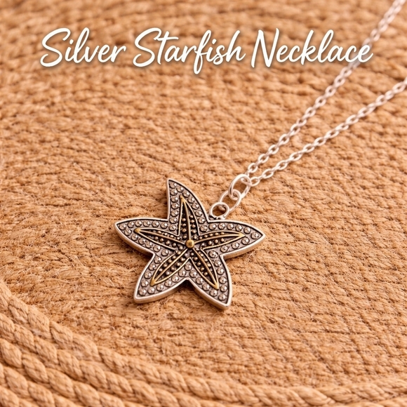NWT Jewelry - Silver Tone Starfish Pendant Necklace – Marcasite Style Coastal Beach Jewelry